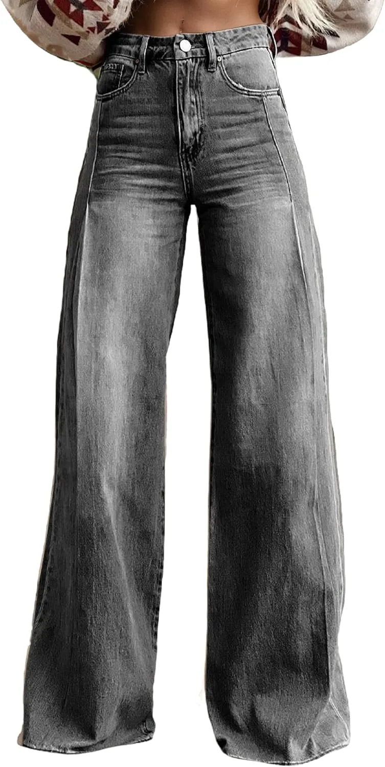 Womens Petite Flare Jeans Wide Leg Baggy Print Pants Vintage Boho Floral Low Waisted Straight Trousers with Pocket