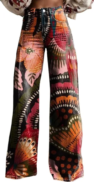 Womens Petite Flare Jeans Wide Leg Baggy Print Pants Vintage Boho Floral Low Waisted Straight Trousers with Pocket