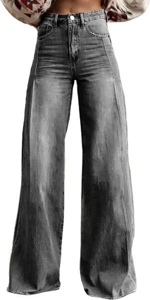 Womens Petite Flare Jeans Wide Leg Baggy Print Pants Vintage Boho Floral Low Waisted Straight Trousers with Pocket