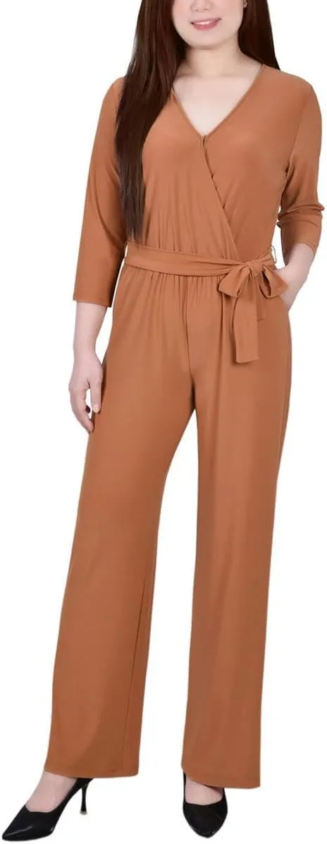 Womens Petites Matte Jersey Belted Jumpsuit