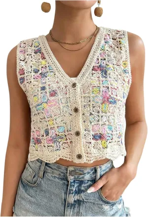Women's Plus Size Sleeveless Button Up Crop Crochet Tops Sheer V Neck Knitted Vacation Vests