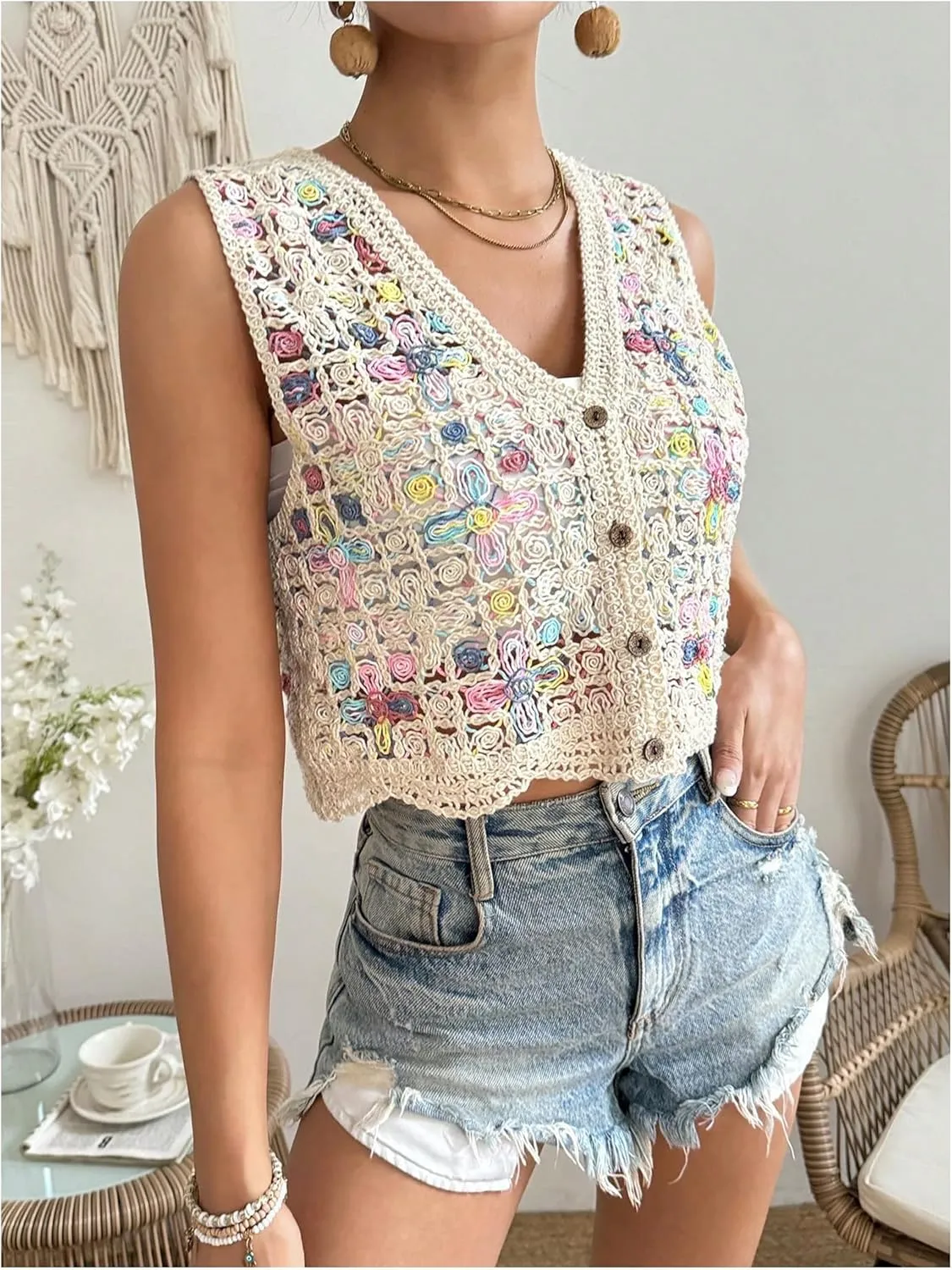 Women's Plus Size Sleeveless Button Up Crop Crochet Tops Sheer V Neck Knitted Vacation Vests