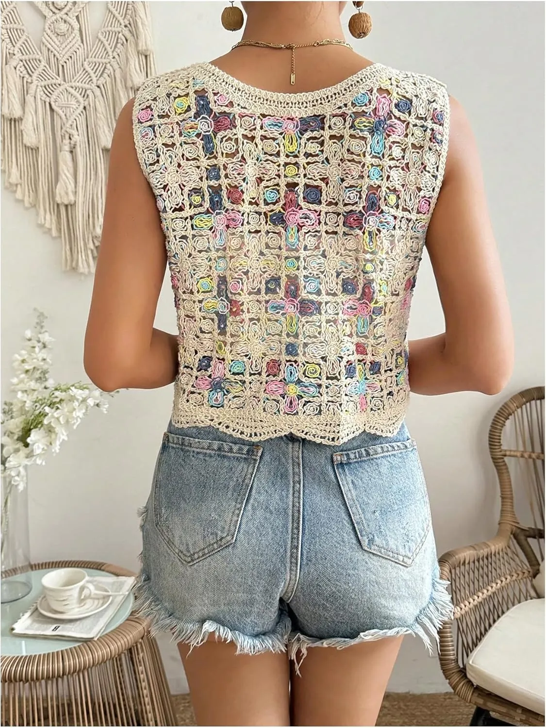 Women's Plus Size Sleeveless Button Up Crop Crochet Tops Sheer V Neck Knitted Vacation Vests