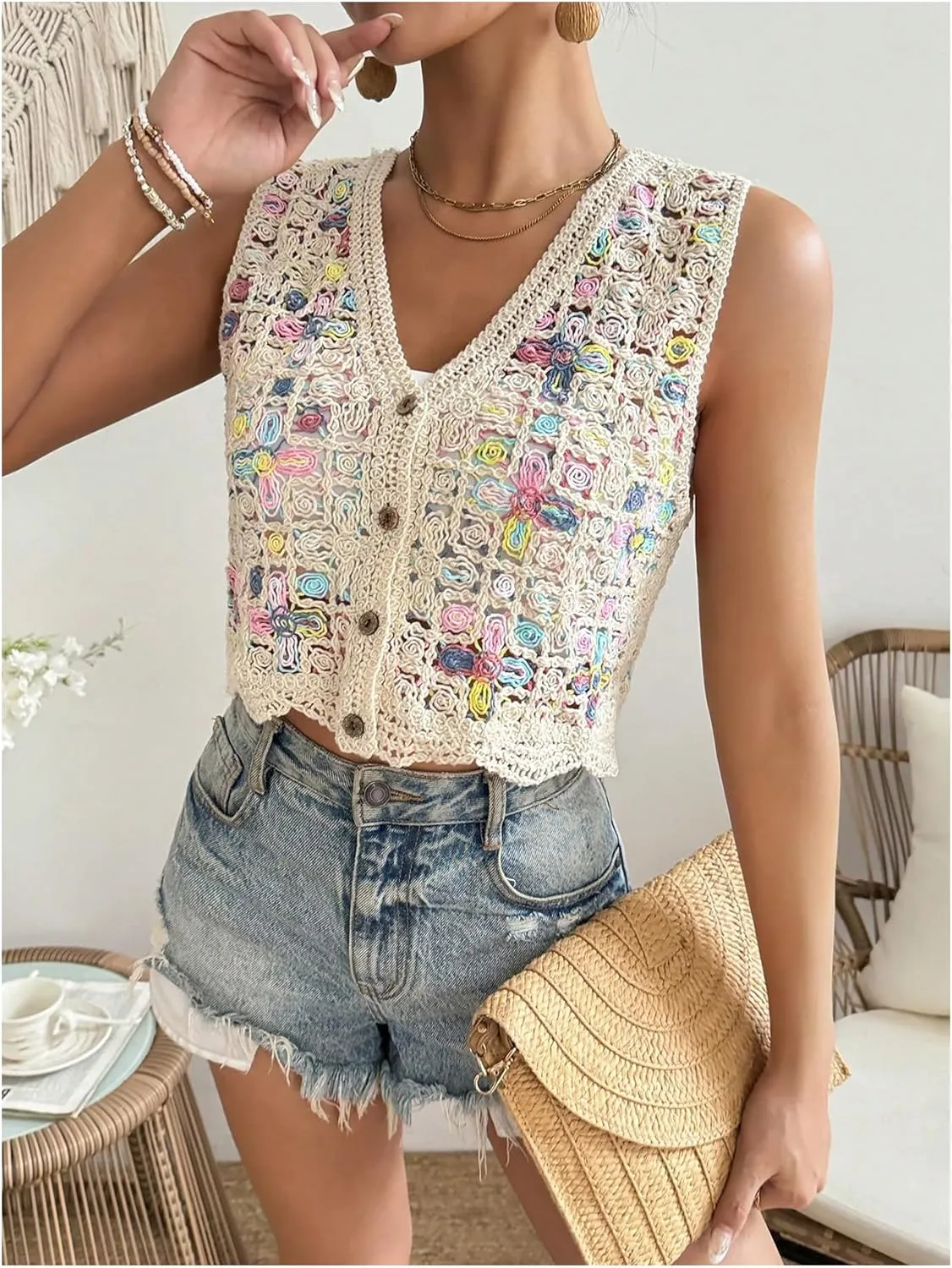 Women's Plus Size Sleeveless Button Up Crop Crochet Tops Sheer V Neck Knitted Vacation Vests