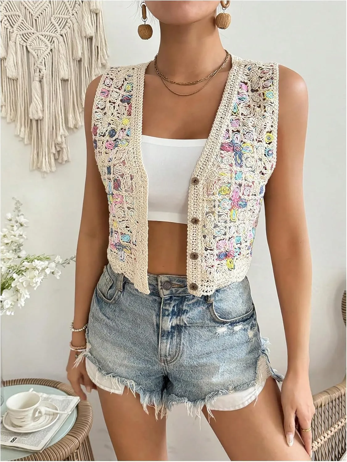 Women's Plus Size Sleeveless Button Up Crop Crochet Tops Sheer V Neck Knitted Vacation Vests