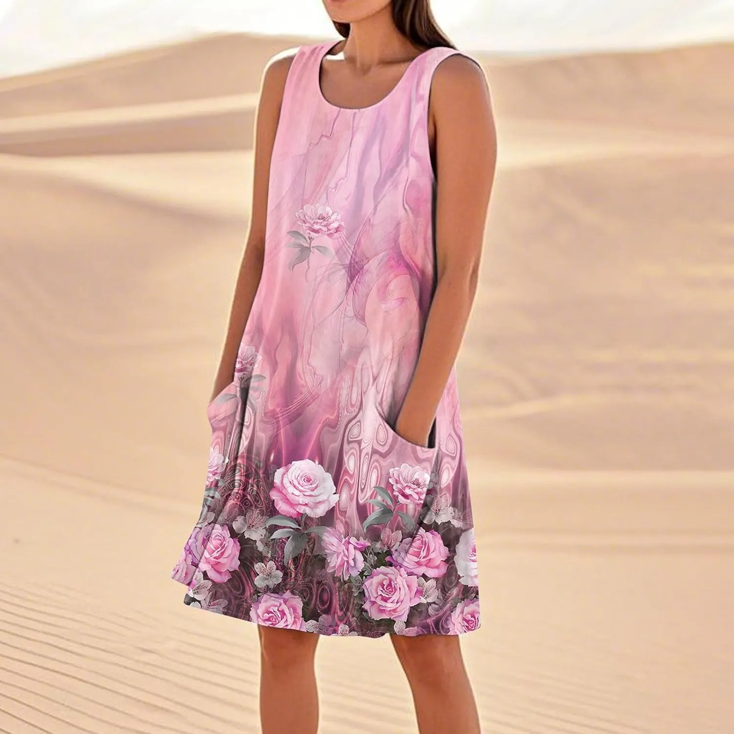 Women's Sleeveless Dresses Flowy Casual Sundress Floral Printed 2025 Summer Comfy Dress Beach Loose Dress with Pockets