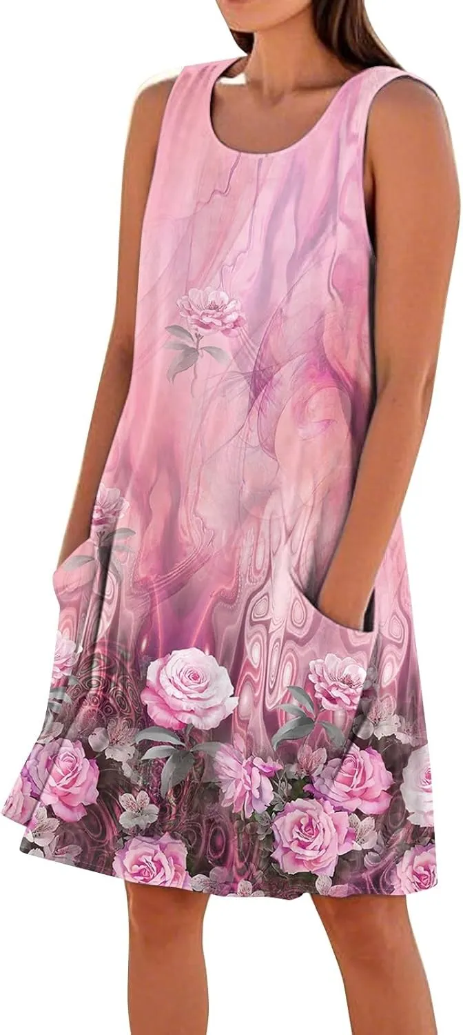 Women's Sleeveless Dresses Flowy Casual Sundress Floral Printed 2025 Summer Comfy Dress Beach Loose Dress with Pockets