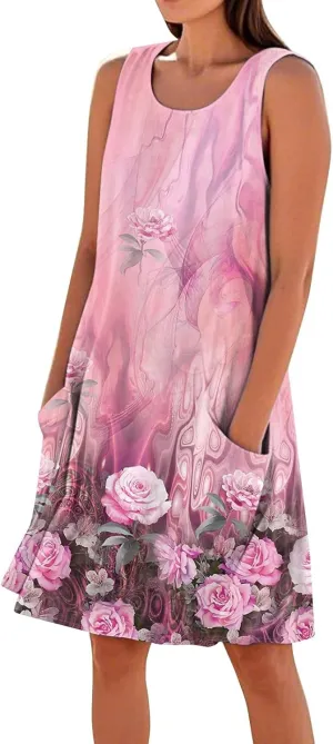 Women's Sleeveless Dresses Flowy Casual Sundress Floral Printed 2025 Summer Comfy Dress Beach Loose Dress with Pockets