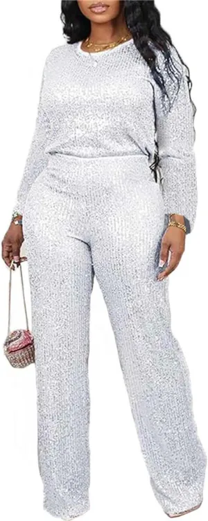 Women's Sparkly Sequin Set Straight Leg Baggy Trouser Party Outfits Clubwear Suits