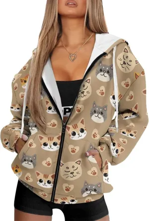 Women's Stylish Full-Zip Hoodies Oversized Hooded Sweatshirt Drawstring Long Sleeve Y2k Clothes with Pockets