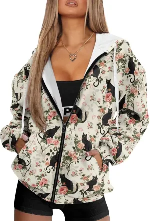 Women's Stylish Full-Zip Hoodies Oversized Hooded Sweatshirt Drawstring Long Sleeve Y2k Clothes with Pockets