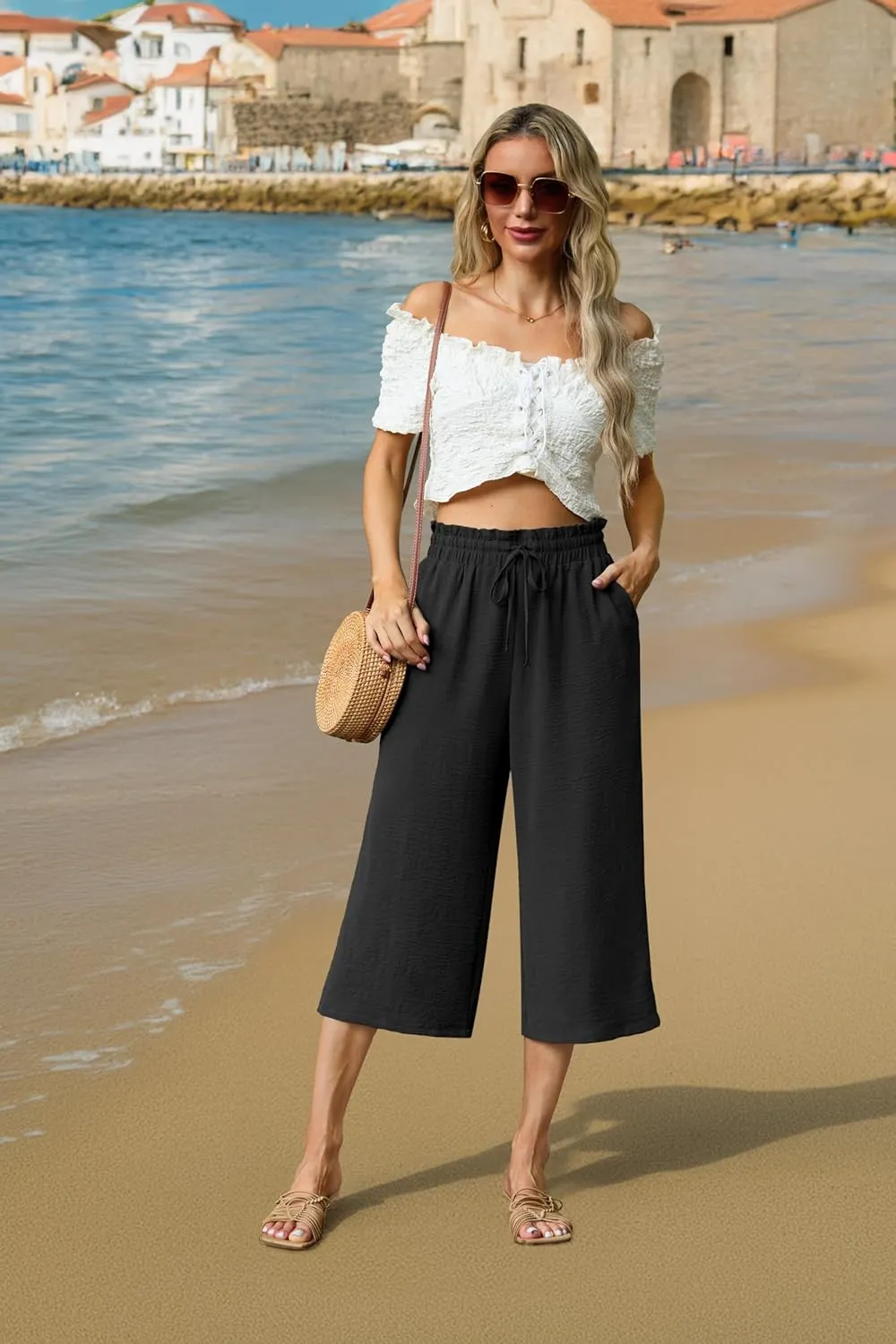 Womens Summer 3/4 Pants Flowy High Waisted Loose Casual Lounge Pant Wide Leg Palazzo Capris Adjustable with Pockets