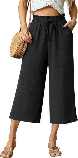 Womens Summer 3/4 Pants Flowy High Waisted Loose Casual Lounge Pant Wide Leg Palazzo Capris Adjustable with Pockets