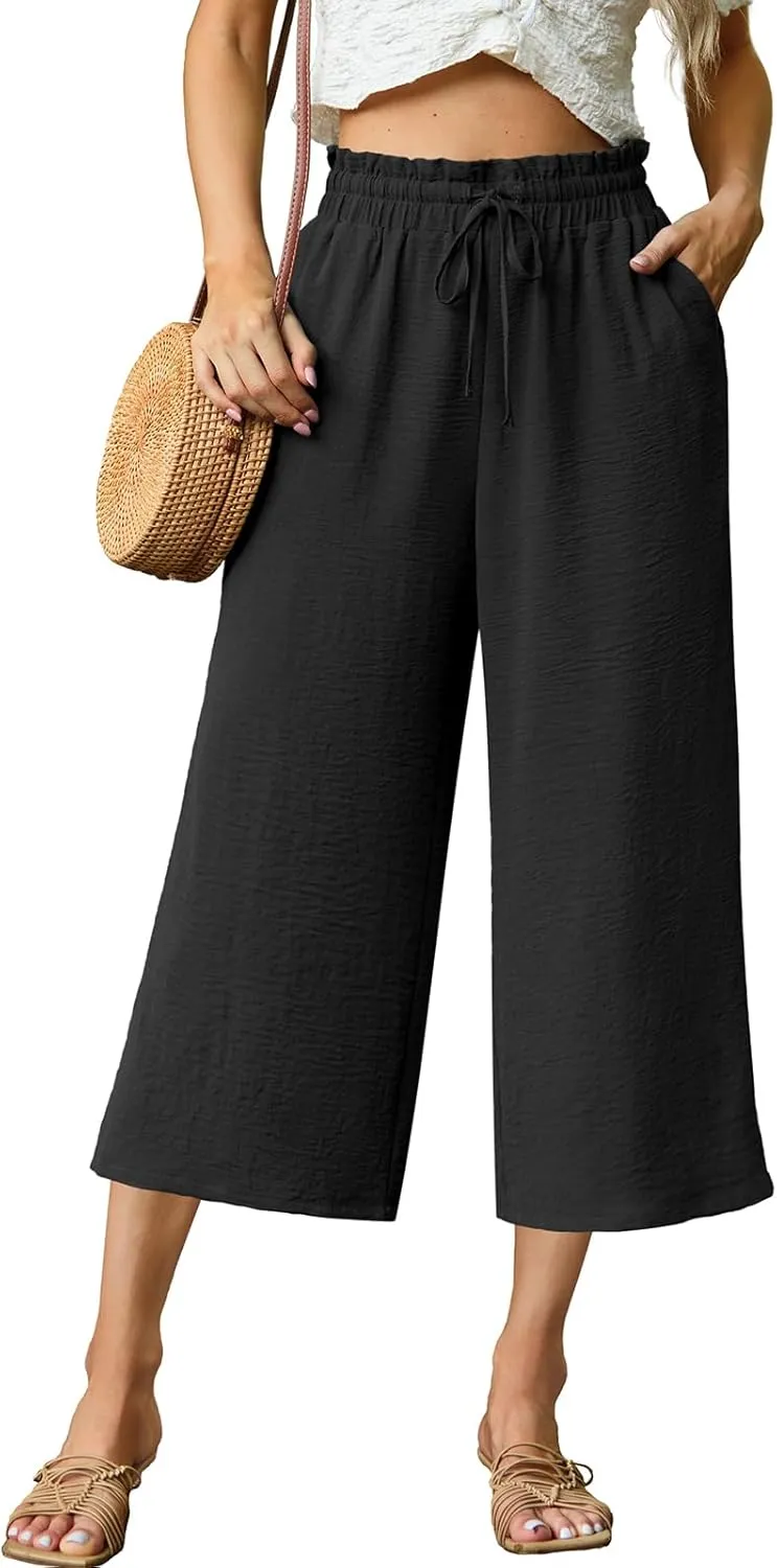 Womens Summer 3/4 Pants Flowy High Waisted Loose Casual Lounge Pant Wide Leg Palazzo Capris Adjustable with Pockets