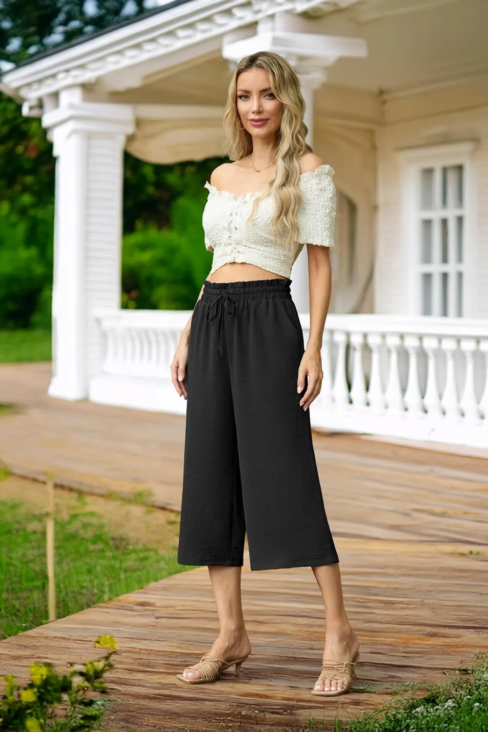 Womens Summer 3/4 Pants Flowy High Waisted Loose Casual Lounge Pant Wide Leg Palazzo Capris Adjustable with Pockets