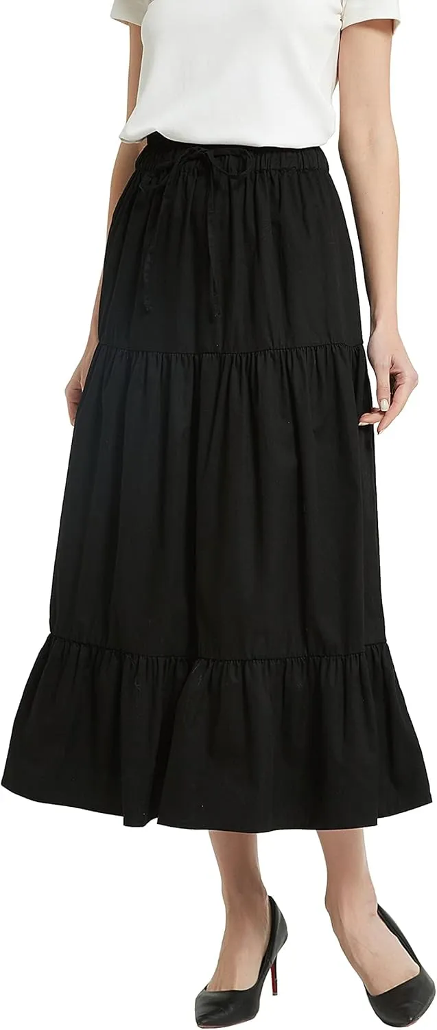 Womens Summer A Line Denim Skirt Flowy Trendy Tired Pleated Layers Elastic Waist Front Drawstring Midi Long Skirt