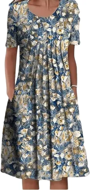 Women's Summer Boho Floral Print Sundress with Pockets 2024 Spring Casual Short Sleeve Crewneck Plus Size Beach Dress