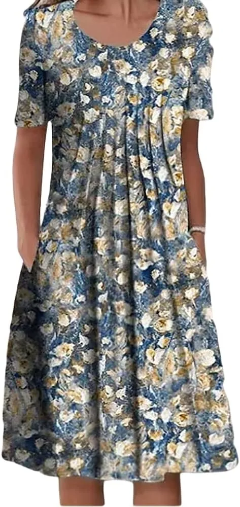 Women's Summer Boho Floral Print Sundress with Pockets 2024 Spring Casual Short Sleeve Crewneck Plus Size Beach Dress