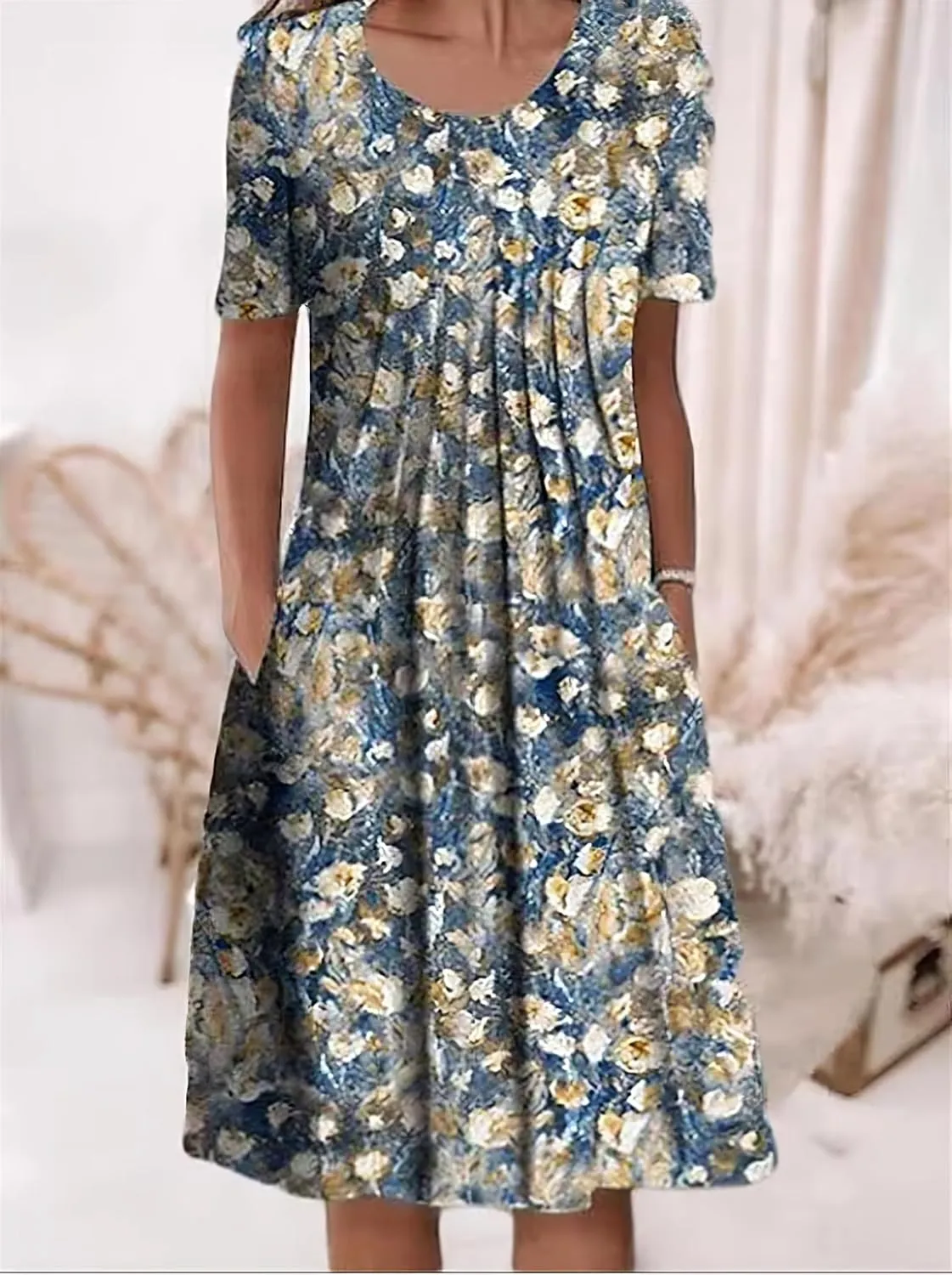 Women's Summer Boho Floral Print Sundress with Pockets 2024 Spring Casual Short Sleeve Crewneck Plus Size Beach Dress