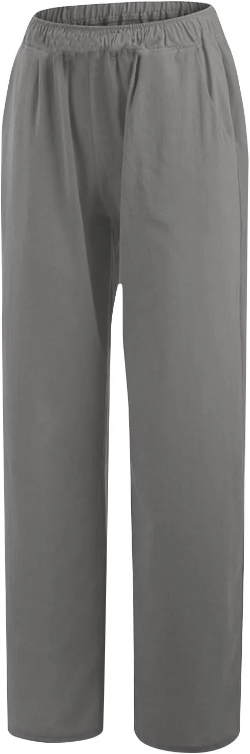 Womens Summer Casual Linen Pants 2025 Fashion High Waist Loose Fit Drawstring Trousers Palazzo Pants with Pockets