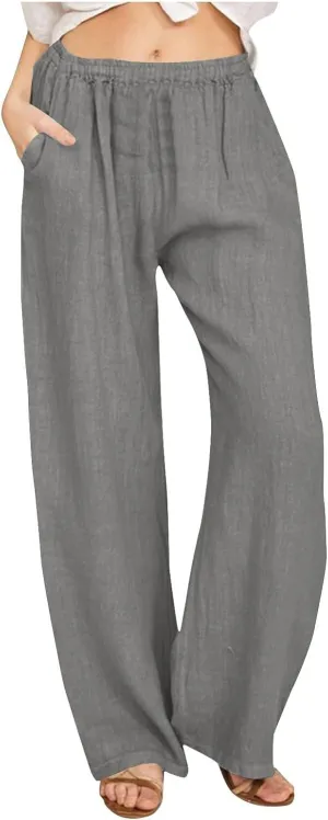 Womens Summer Casual Linen Pants 2025 Fashion High Waist Loose Fit Drawstring Trousers Palazzo Pants with Pockets