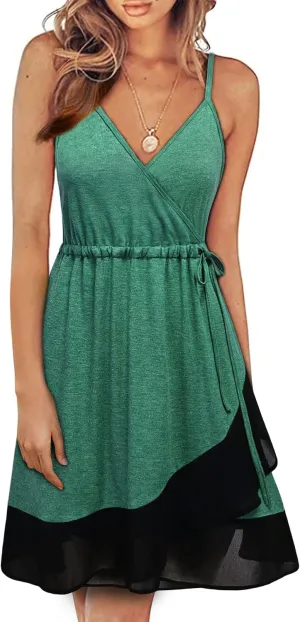 Women's Summer Casual Wrap V Neck Sleeveless Midi Dresses