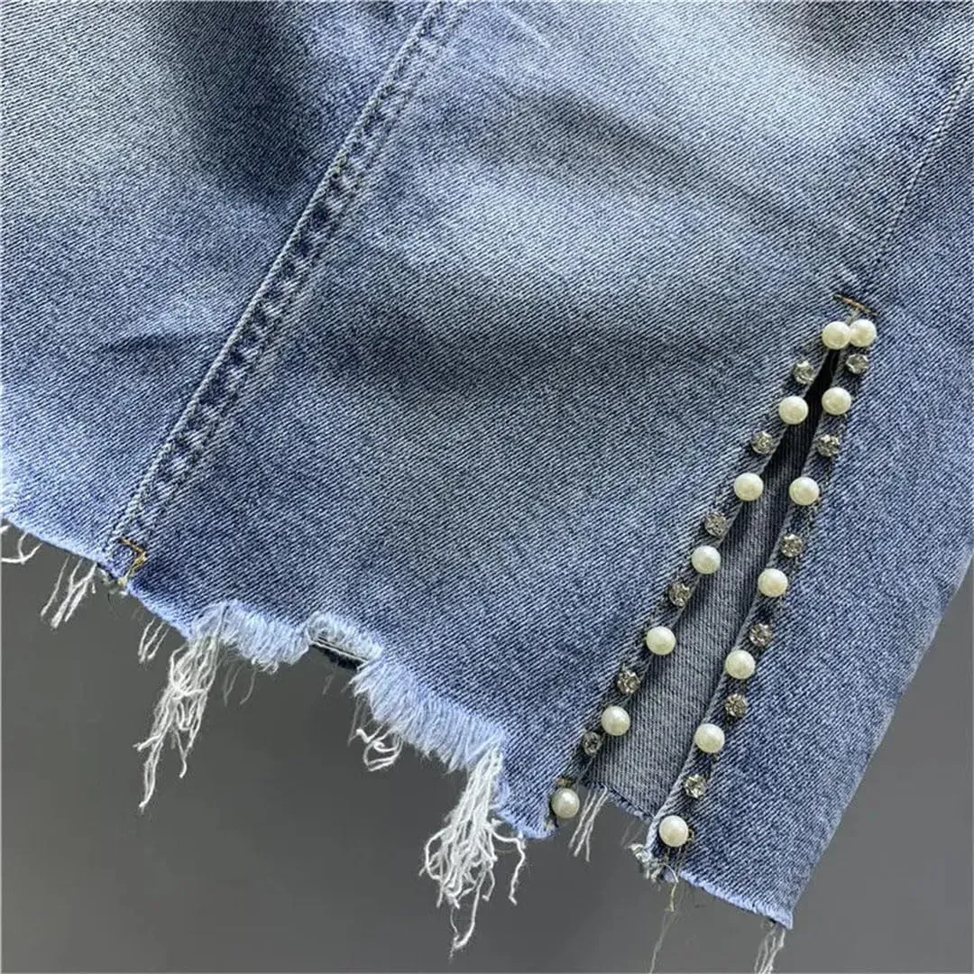 Women's Summer Korean High-Waisted Button Spliced Pockets Skirts Beading Irregular Solid Color Skirts
