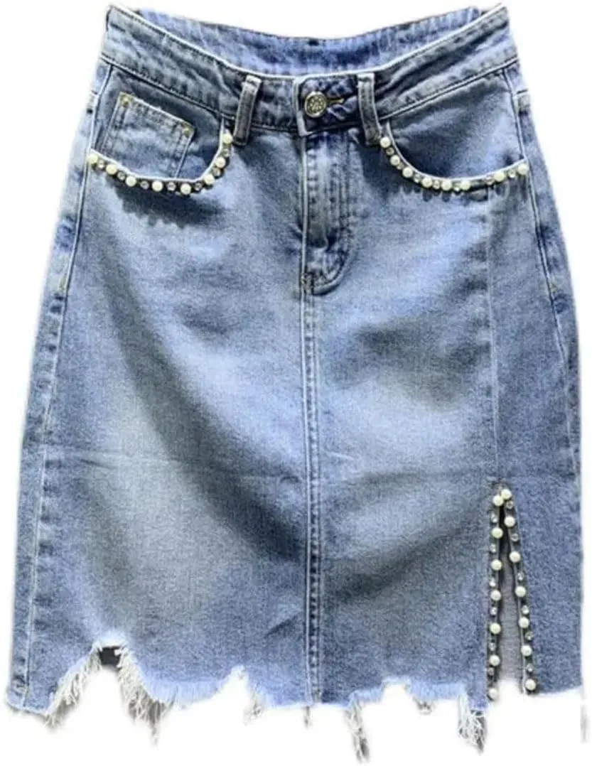 Women's Summer Korean High-Waisted Button Spliced Pockets Skirts Beading Irregular Solid Color Skirts