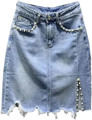 Women's Summer Korean High-Waisted Button Spliced Pockets Skirts Beading Irregular Solid Color Skirts