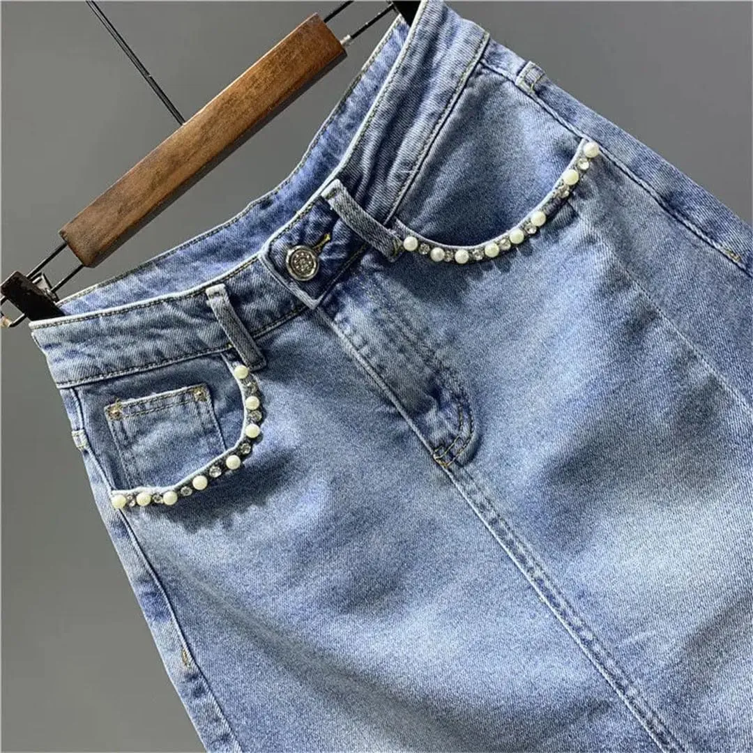 Women's Summer Korean High-Waisted Button Spliced Pockets Skirts Beading Irregular Solid Color Skirts