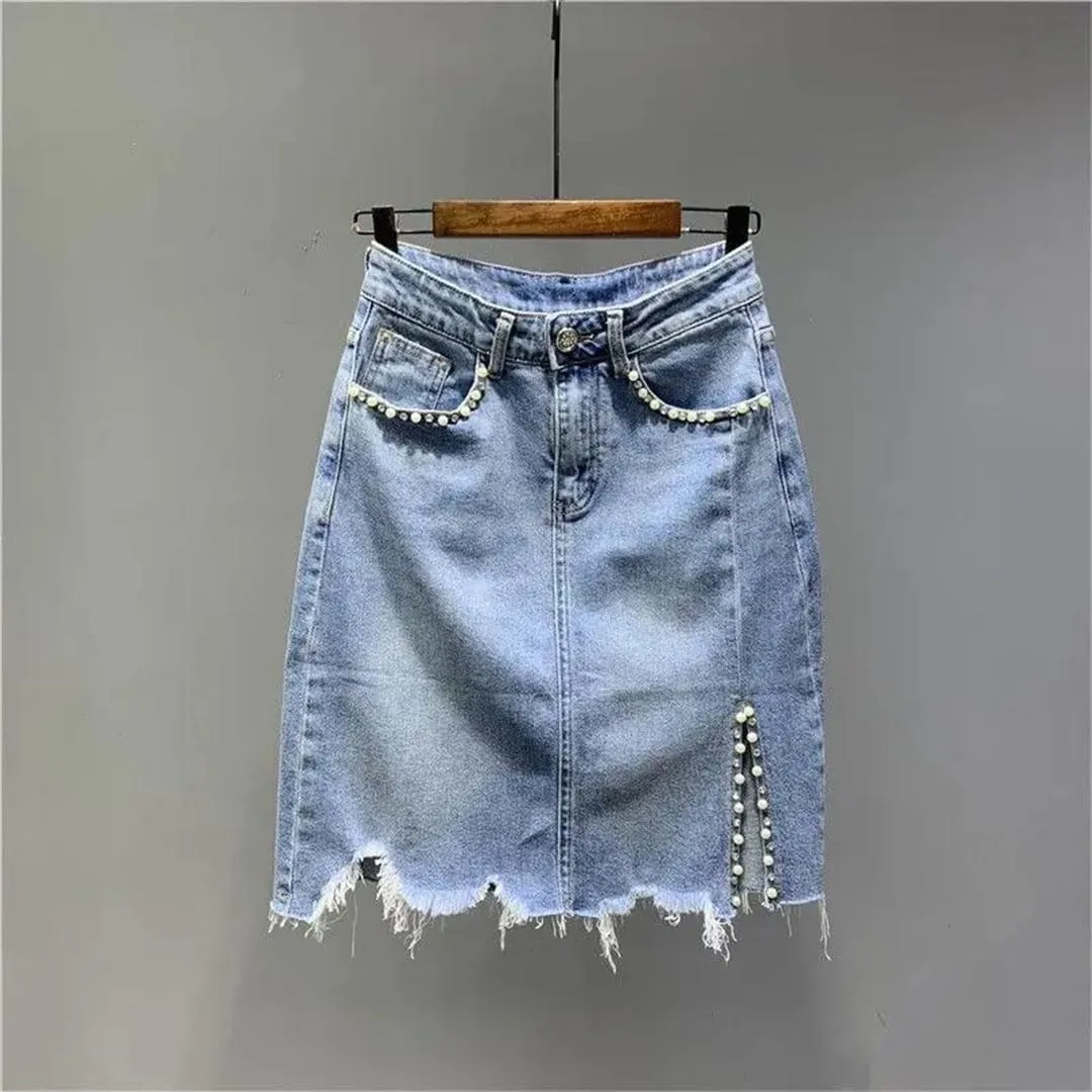 Women's Summer Korean High-Waisted Button Spliced Pockets Skirts Beading Irregular Solid Color Skirts