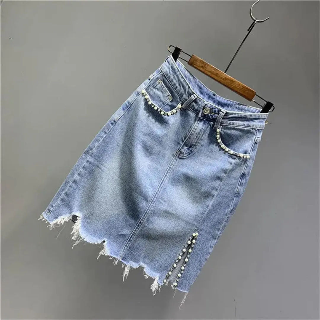 Women's Summer Korean High-Waisted Button Spliced Pockets Skirts Beading Irregular Solid Color Skirts