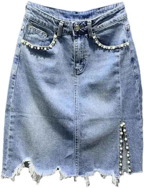 Women's Summer Korean High-Waisted Button Spliced Pockets Skirts Beading Irregular Solid Color Skirts