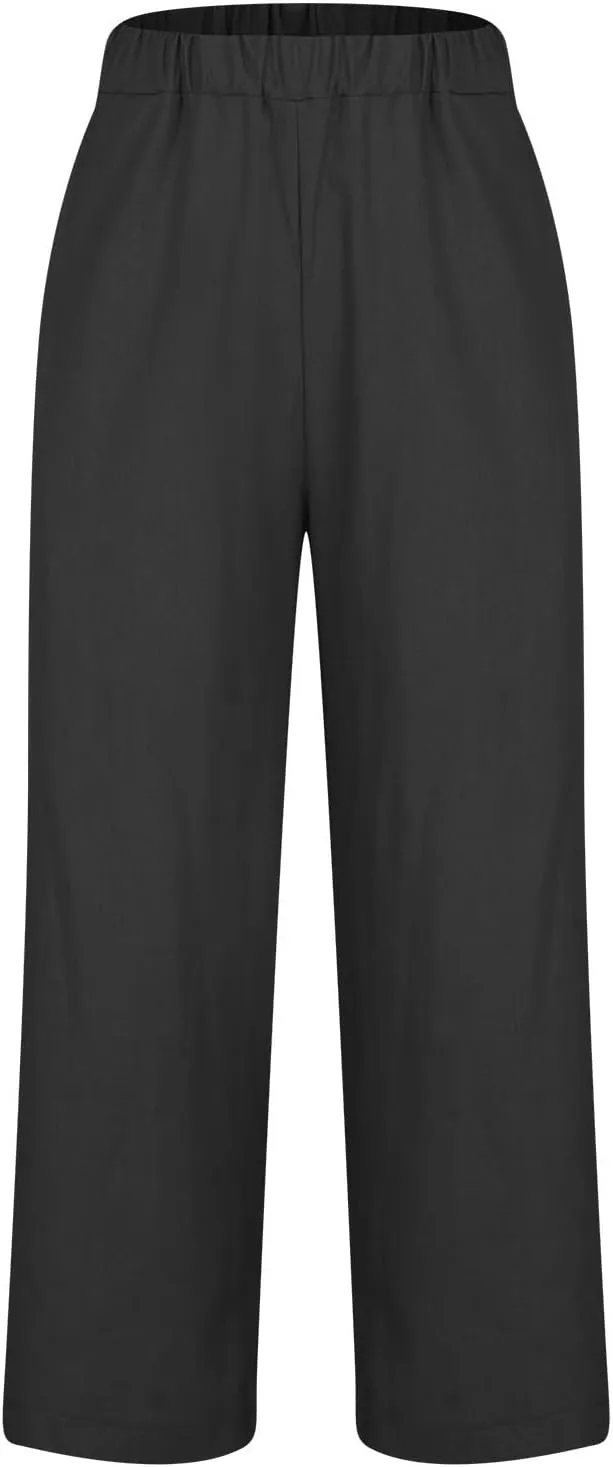 Womens Summer Vacation Pants Straight Wide Leg Cotton Linen Trousers Lightweight Clothing with Pockets