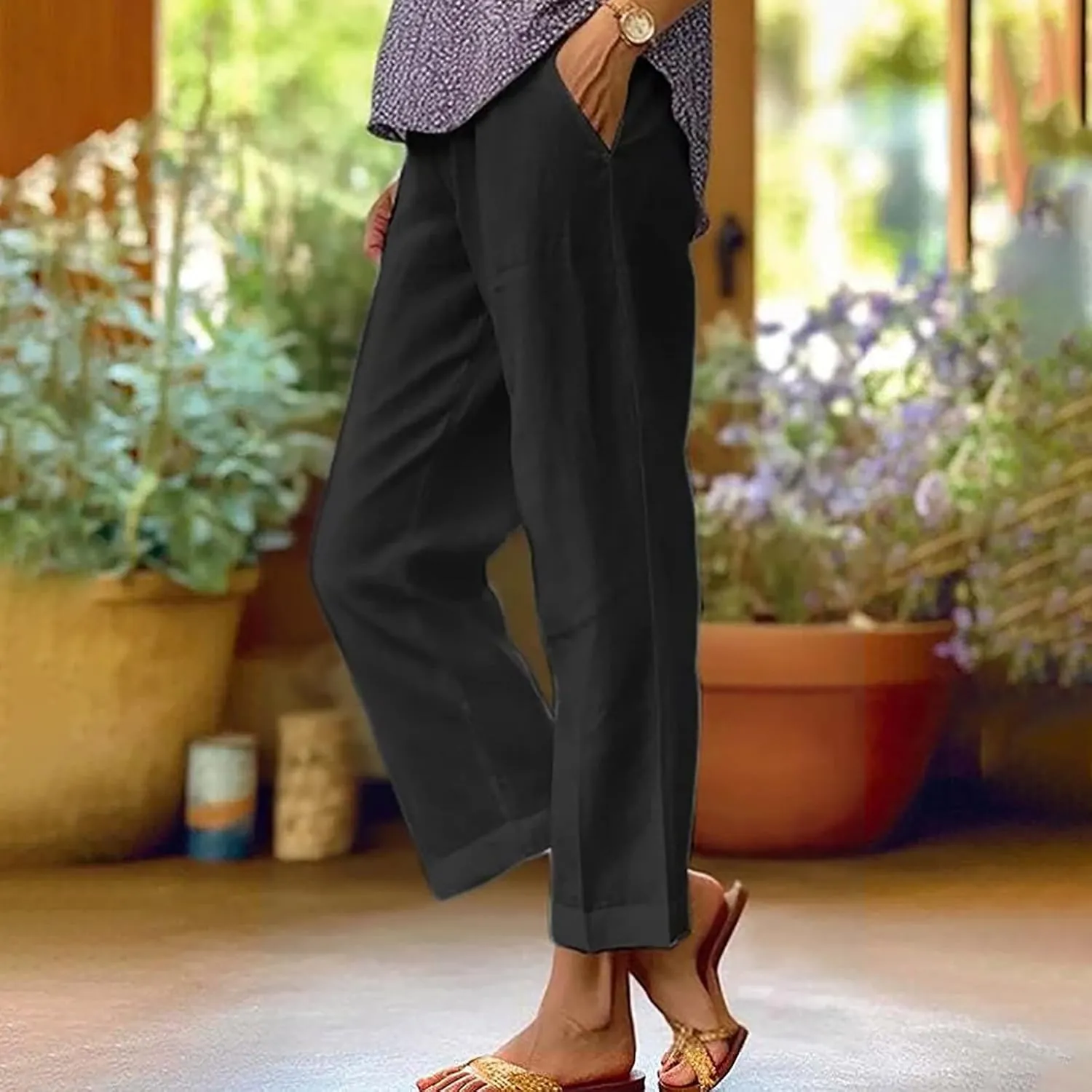 Womens Summer Vacation Pants Straight Wide Leg Cotton Linen Trousers Lightweight Clothing with Pockets