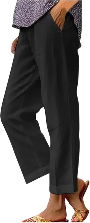 Womens Summer Vacation Pants Straight Wide Leg Cotton Linen Trousers Lightweight Clothing with Pockets