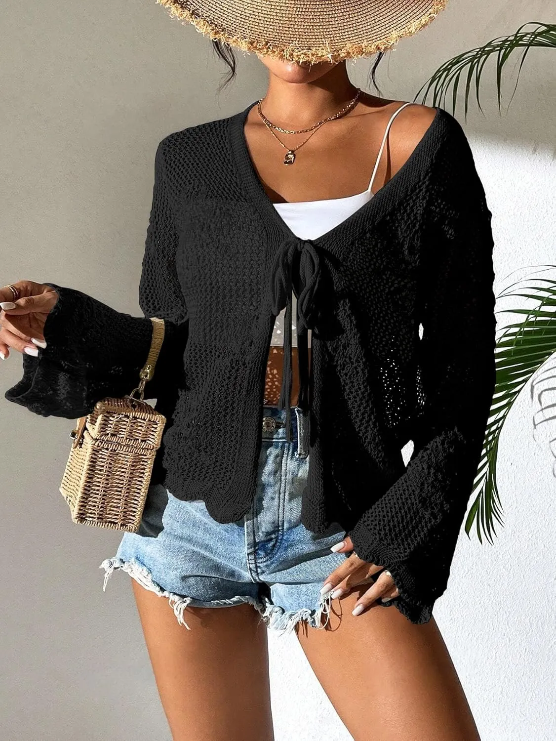 Womens Tie Front Lightweight Crochet Cardigan Shrugs Knit Cardigan Crop Tops Cover Up