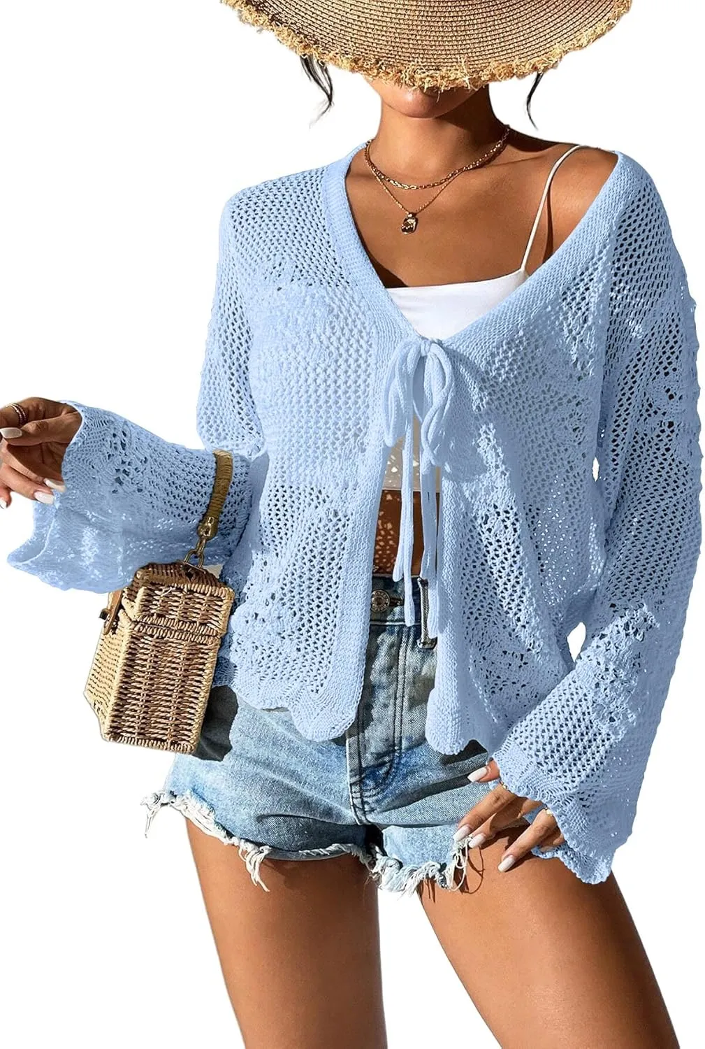 Womens Tie Front Lightweight Crochet Cardigan Shrugs Knit Cardigan Crop Tops Cover Up