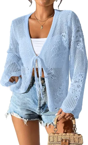 Womens Tie Front Lightweight Crochet Cardigan Shrugs Knit Cardigan Crop Tops Cover Up