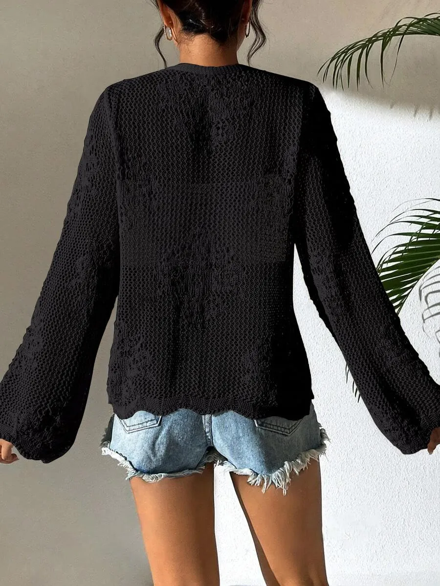 Womens Tie Front Lightweight Crochet Cardigan Shrugs Knit Cardigan Crop Tops Cover Up