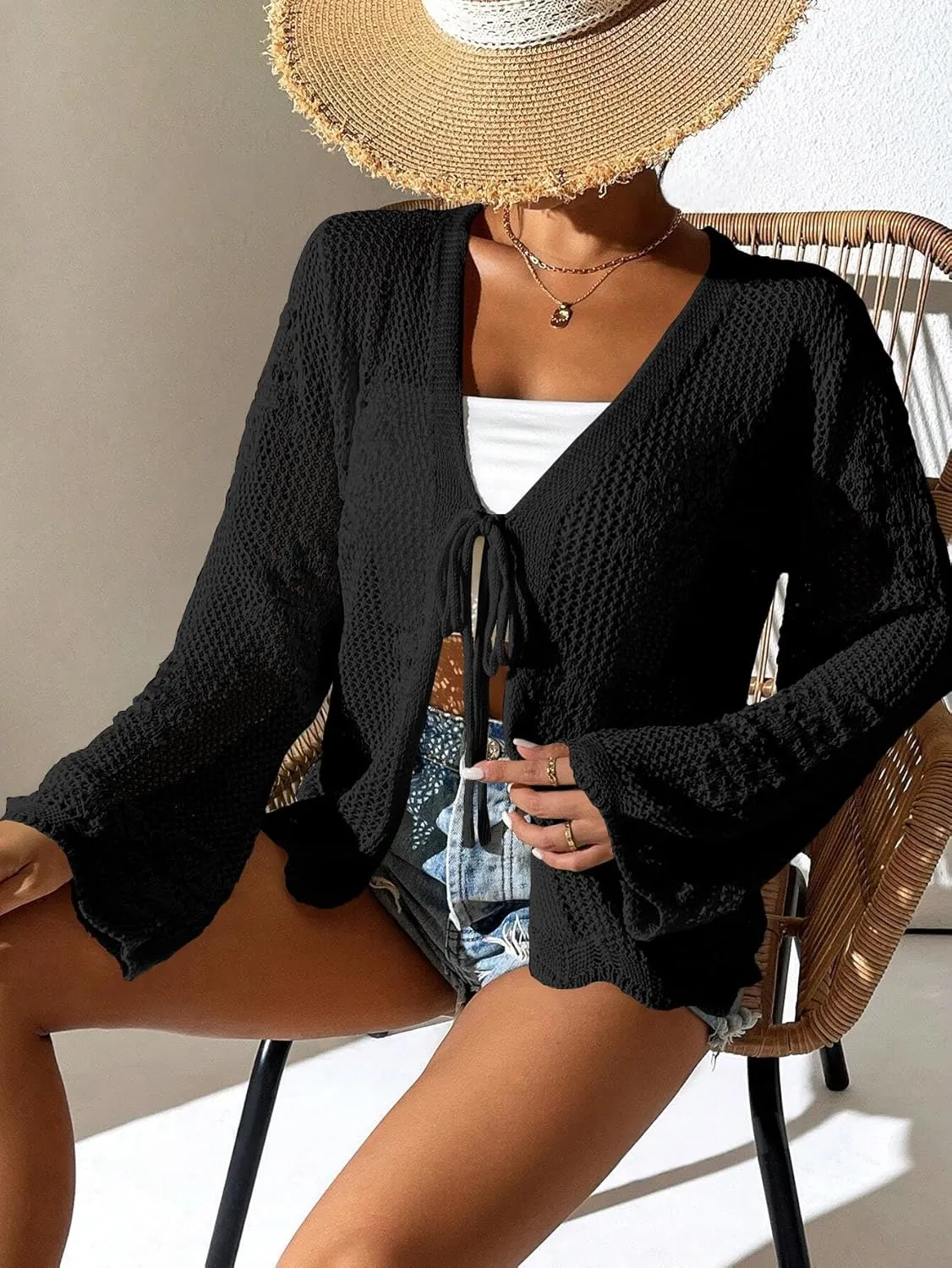 Womens Tie Front Lightweight Crochet Cardigan Shrugs Knit Cardigan Crop Tops Cover Up
