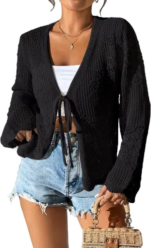 Womens Tie Front Lightweight Crochet Cardigan Shrugs Knit Cardigan Crop Tops Cover Up