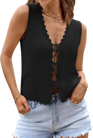 Womens Tie Front Tops Trendy 2025 Summer V Neck Sleeveless Sweater Vests Fashion Cute Crochet Knit Tops