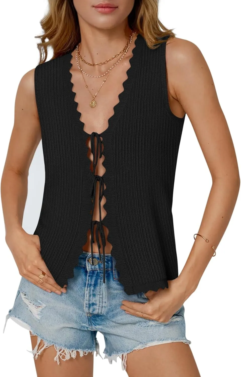 Womens Tie Front Tops Trendy 2025 Summer V Neck Sleeveless Sweater Vests Fashion Cute Crochet Knit Tops