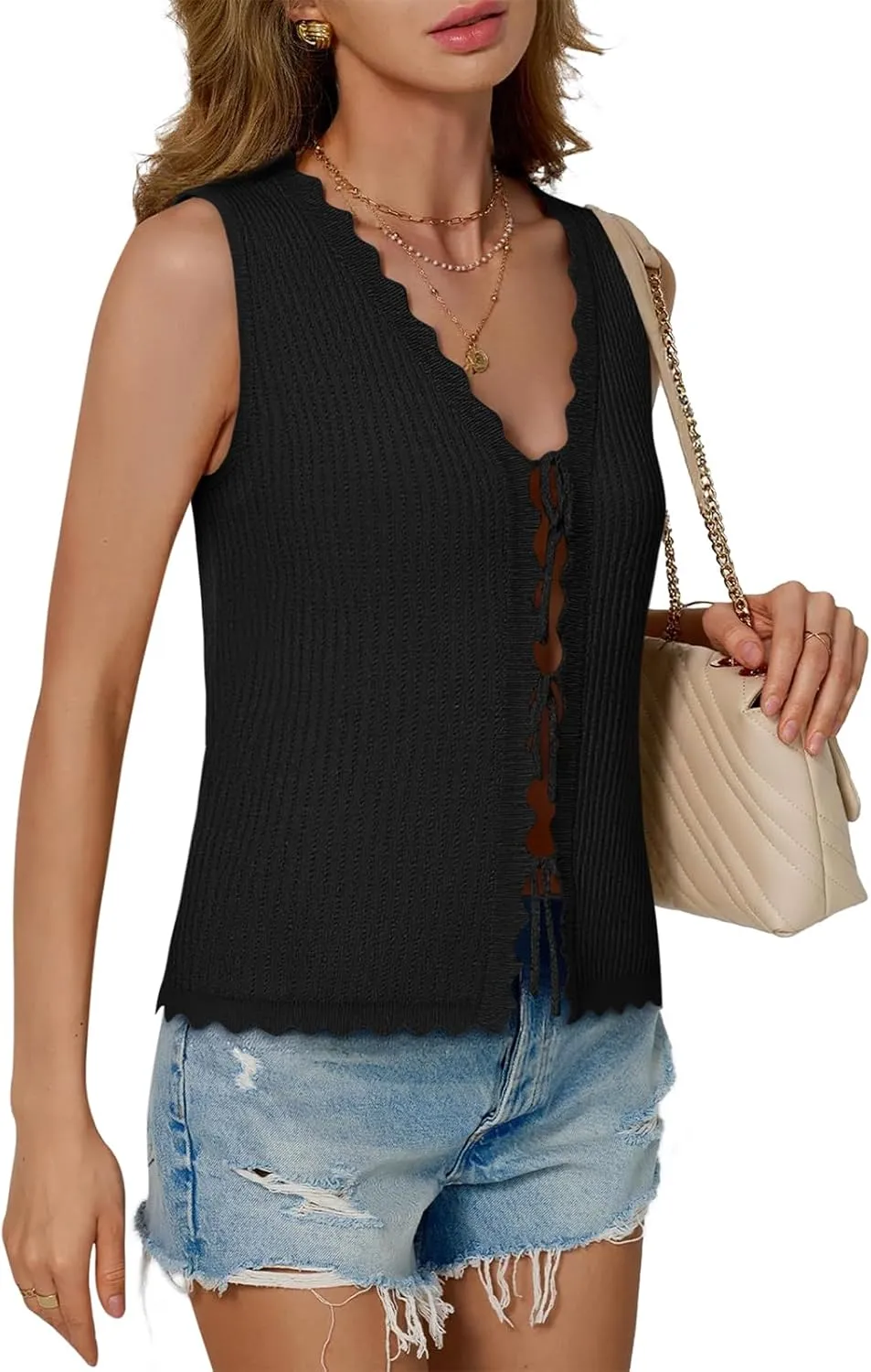 Womens Tie Front Tops Trendy 2025 Summer V Neck Sleeveless Sweater Vests Fashion Cute Crochet Knit Tops