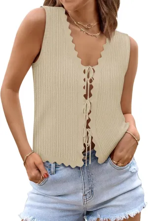 Womens Tie Front Tops Trendy 2025 Summer V Neck Sleeveless Sweater Vests Fashion Cute Crochet Knit Tops