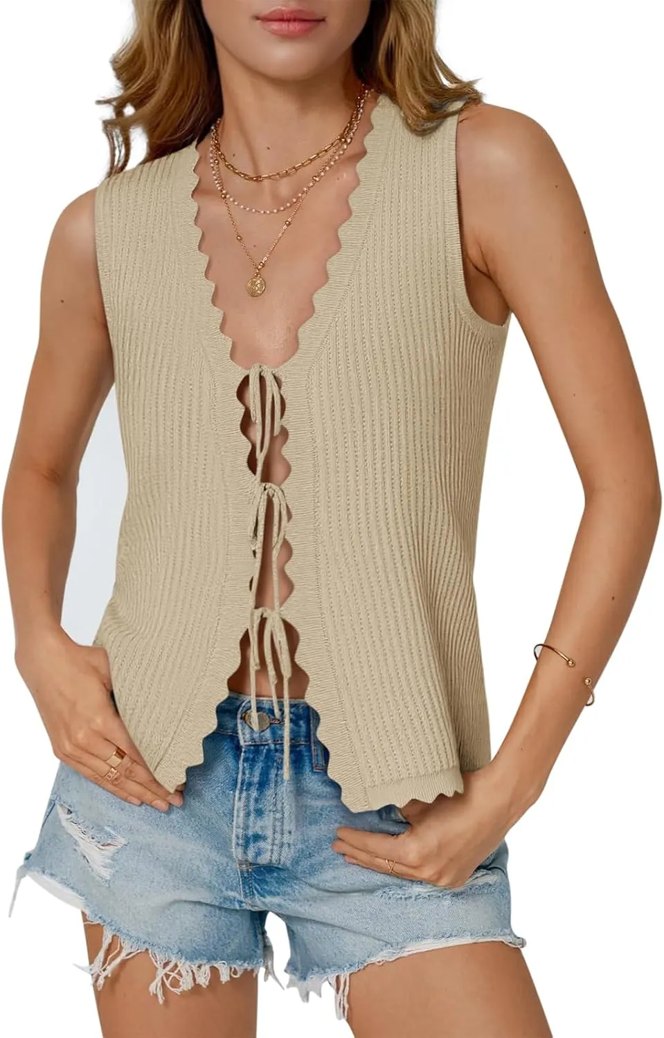 Womens Tie Front Tops Trendy 2025 Summer V Neck Sleeveless Sweater Vests Fashion Cute Crochet Knit Tops