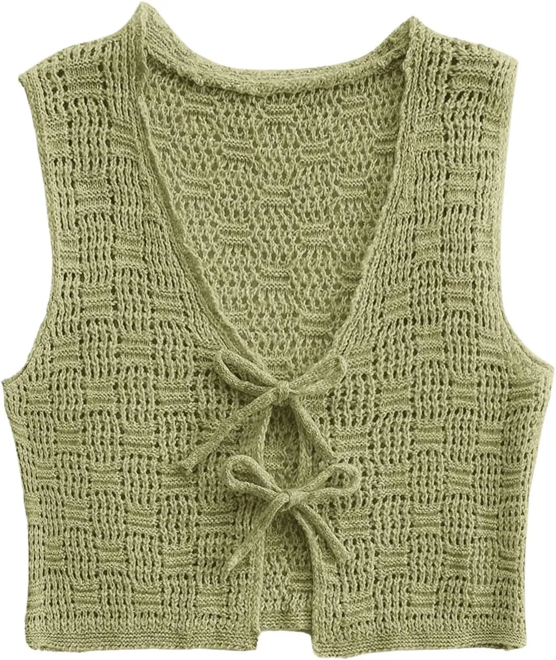 Women's V Neck Crochet Knit Sweater Vests Sleeveless Tie Front Tank Tops Summer Knitwear