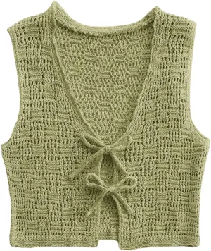 Women's V Neck Crochet Knit Sweater Vests Sleeveless Tie Front Tank Tops Summer Knitwear