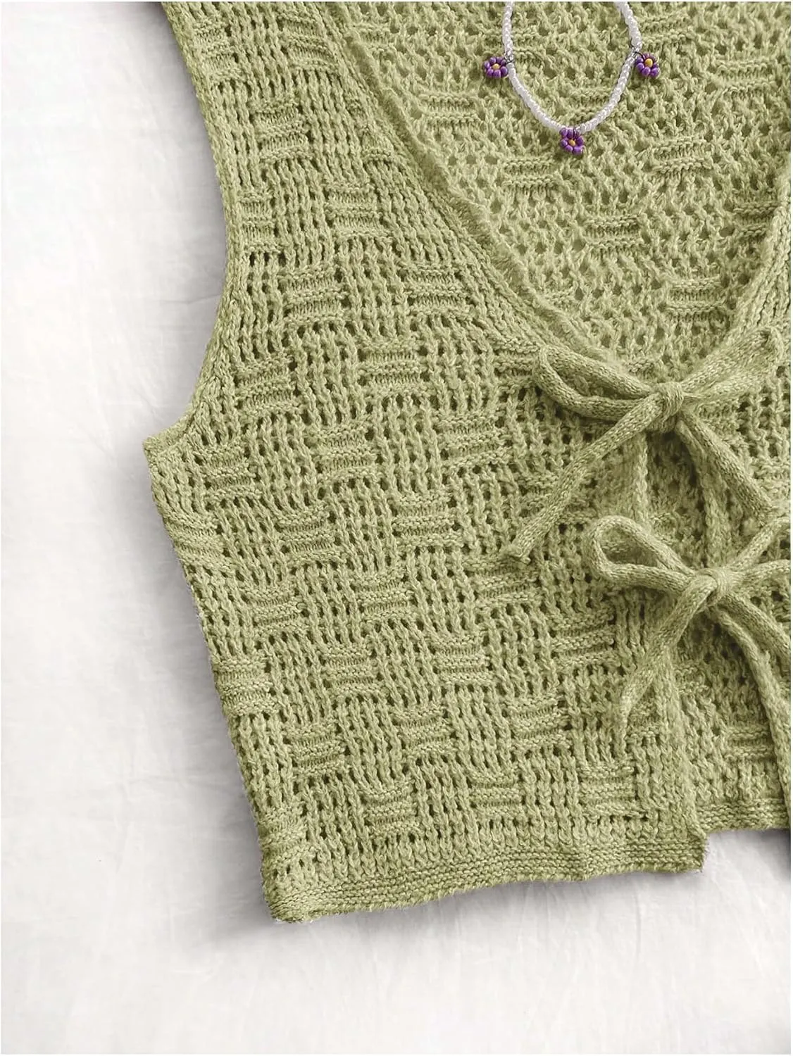 Women's V Neck Crochet Knit Sweater Vests Sleeveless Tie Front Tank Tops Summer Knitwear
